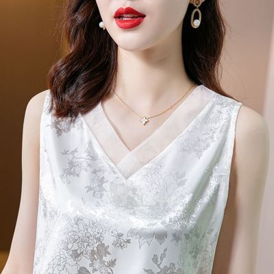 49659/缎面V领打底背心女外穿宽松吊带西装内搭妈妈装夏装白色无袖T恤潮