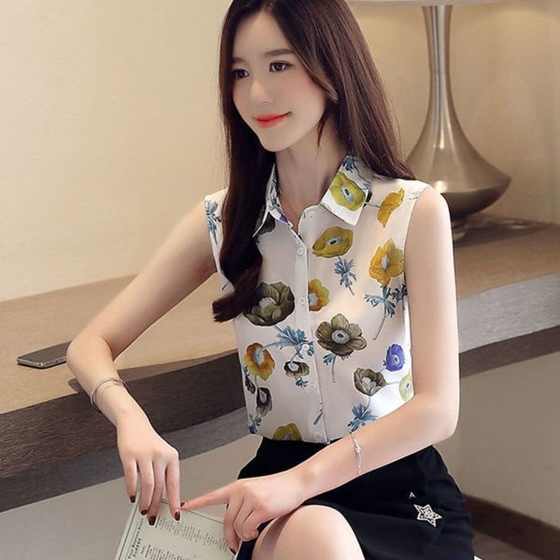 New Korean style sleeveless floral foreign style fashion chiffon shirt women's loose top women's summer all-match plus size women's clothing