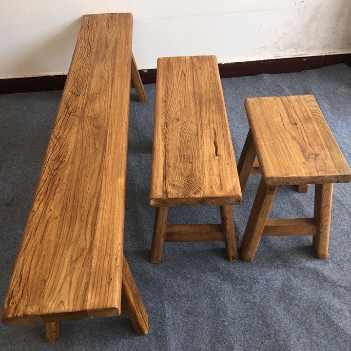 實木長條凳老榆木單人凳雙人長板凳復古凳子老門板茶桌凳舊門板凳-沐雨家居