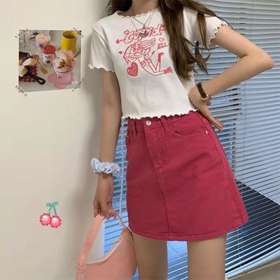 34245/新款红色牛仔A字半身裙女学生韩版夏季新款高腰显瘦款