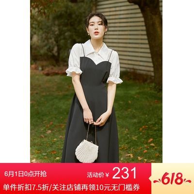 35443/独束大码赫本风假两件连衣裙女2021夏新款胖MM减龄显瘦复古茶歇裙【6月8日发完】