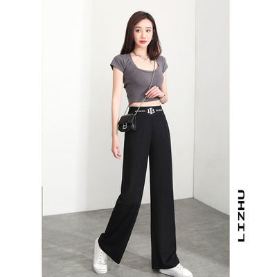 33707/离珠 品牌冰丝薄款字母休闲裤女直筒裤显瘦2021纯色透气裤子垂感