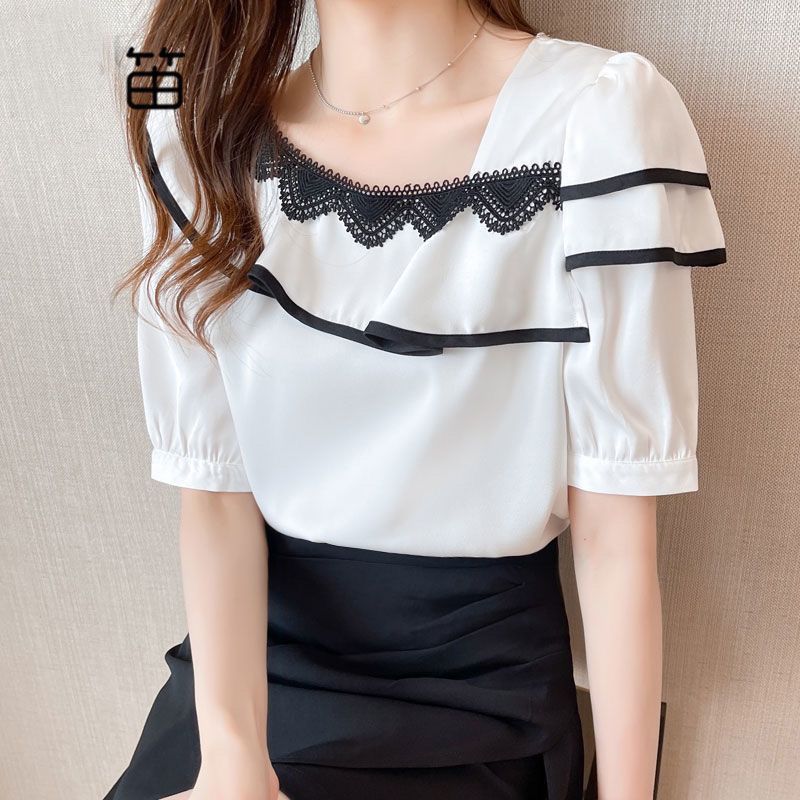 白色雪紡衫女夏裝2023年新款短袖上衣女氣質夏季襯衫小衫洋氣超仙
