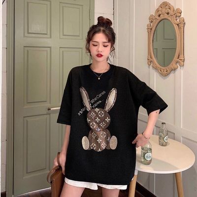 70564/短袖T恤夏季女装2021款显瘦宽松板圆领重工镶钻图案上衣ins潮流。