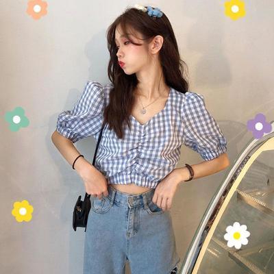 39244/法式格子衬衣新款韩版短款V领泡泡袖上衣女学生短袖衬衫女2021夏