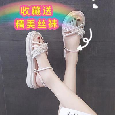 34088/拖鞋女夏2021新款外穿ins潮珍珠厚底一字网红两穿仙女风沙滩凉鞋