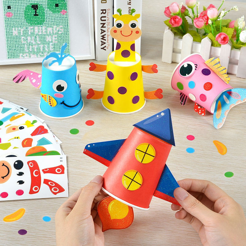儿童创意手工diy制作材料包幼儿园美工彩纸杯画纸盘画粘贴男女孩