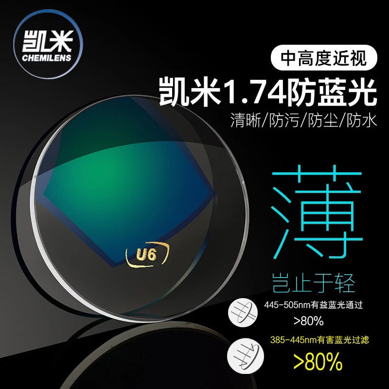 凯米u6防蓝光防紫外线超薄非球面近视镜片1.