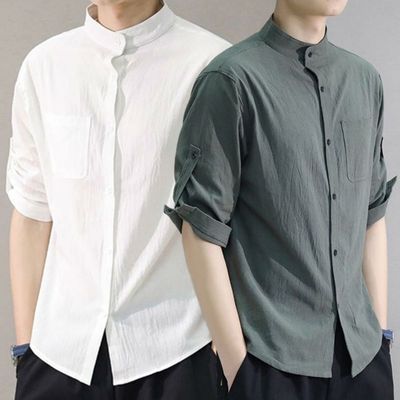 39217/2021新款男士短袖爆款夏季休闲立领衬衣青少年七分袖薄款衬衫休闲
