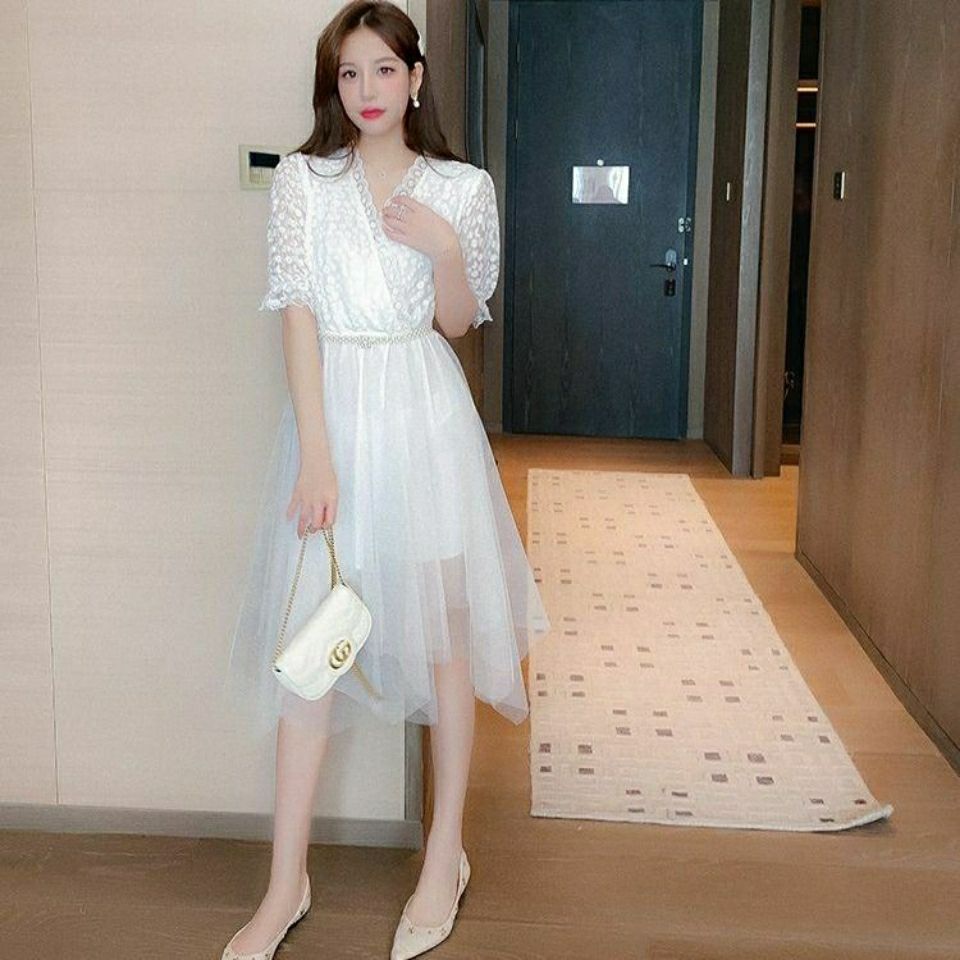 夏季学生女淑女连衣裙夏季蕾丝绣花拼接网纱中长款
