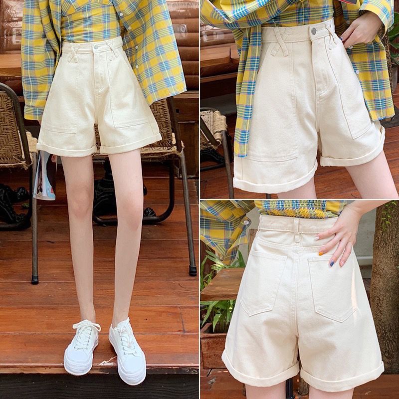 Cropped pants women's loose 2021 spring / summer Korean version straight tube Hong Kong Style A-line shorts High Waist Wide Leg denim pants trend