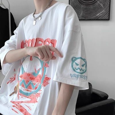37538/t恤男2021新款夏天衣服ins短袖潮流百搭帅气宽松韩版港风印花嘻哈
