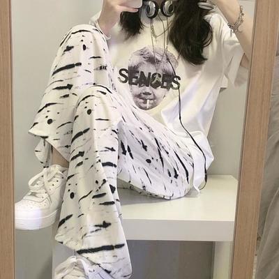 34862/套装斑马纹休闲裤春季2021年新款宽松阔腿裤高腰显瘦直筒长裤女潮