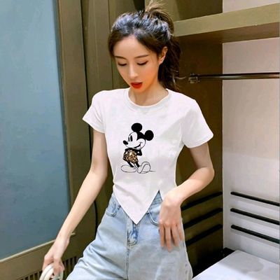 37631/【100%纯棉】不规则开叉白色印花短袖t恤女装2021年夏季短袖上衣