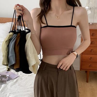 35750/韩版撞色吊带背心女夏季可外穿带胸垫短款抹胸修身显瘦打底内衣女