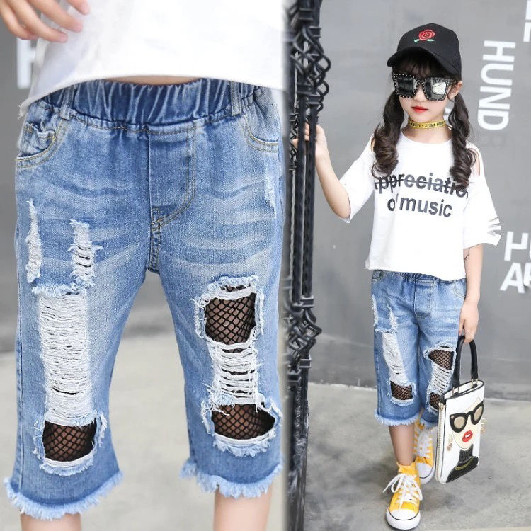 Girls' summer denim wide-leg pants thin girl cropped pants 2023 new slit mid-pants foreign style big children's pants