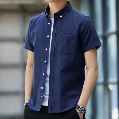 夏季男士短袖衬衫牛津纺藏青色半袖修身衬衣纯色薄款潮流韩版寸衫