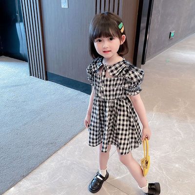 38661/女童连衣裙洋气韩版宝宝翻领格子短袖镂空裙子儿童洋气公主裙