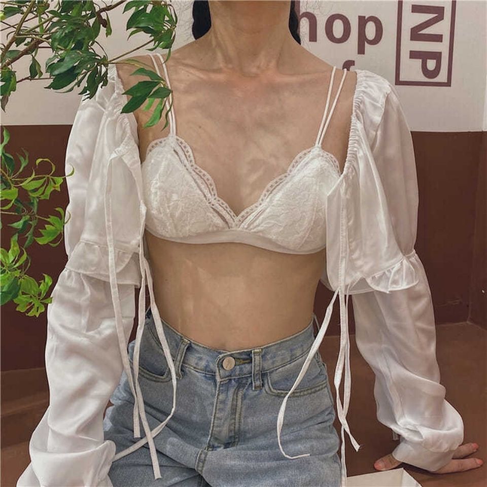 Small breast girl underwear summer thin section student big breast show small open back beautiful shoulder triangle cup bra flat chest no steel ring