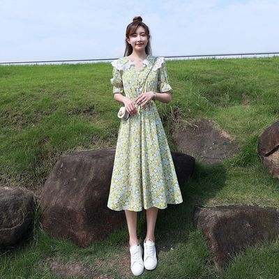 36713/绿色小清新碎花雪纺连衣裙女2021新款夏季娃娃领气质收腰显瘦裙子