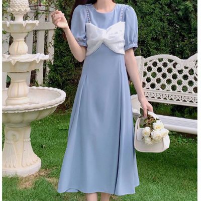 55952/大码夏胖妹妹学院仙女裙温柔风连衣裙女设计感小众泡泡袖显瘦长裙