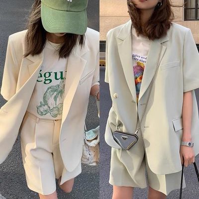 48348/短袖西装女套装宽松韩版中长款西服外套夏季西装短裤时尚两件套潮
