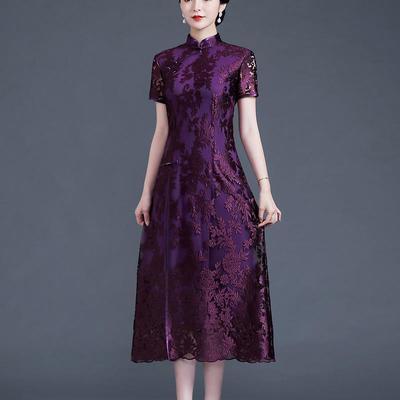 51544/刺绣改良民族风刺色女士中年礼服旗袍修身显瘦复古妈妈连衣裙夏装
