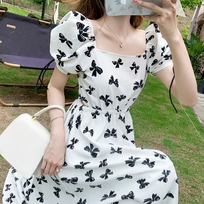 40751/夏季新款方领白色波点连衣裙女气质收腰显瘦不规则开叉雪纺长裙子