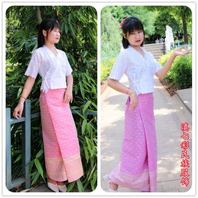扣花单白衣泰国傣筒裙锦缎裙傣族女半身长裙裹裙民族服饰送头花 虎窝拼