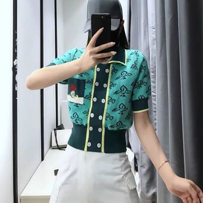 37539/2021夏季新款复古气质双排扣短袖刺绣提花修身冰丝针织衫开衫上衣