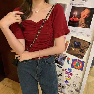 40474/网红短款t恤女装夏装2021年新款ins短袖冰丝针织衫高腰上衣服超火