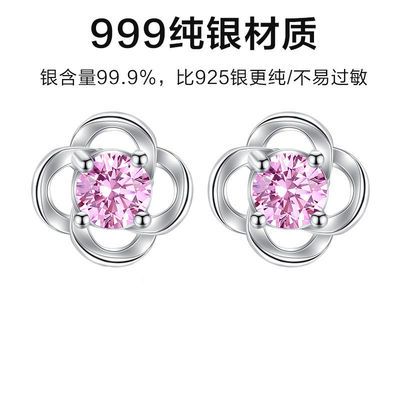 72324/正品四叶草纯银S999耳钉镶锆石女生防过敏气质百搭韩版学生耳环送