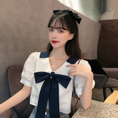 39678/夏季2021新款韩版修身显瘦设计感V领蝴蝶结泡泡短袖衬衫上衣女装