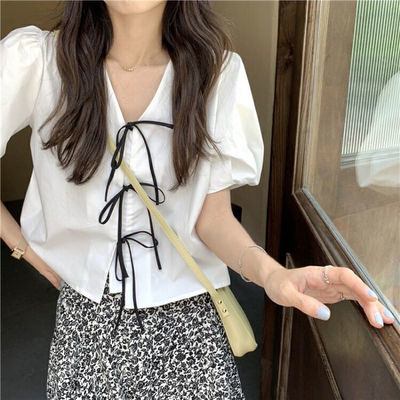 64577/少女减龄ins娃娃领衬衫女2021年新款夏季小众设计感短袖白色衬衣
