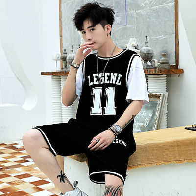 58872/假两件男女同款11号篮球服夏季网红短袖短裤运动套装宽松两件套潮