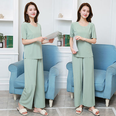 39827/春夏新款女士家居服套装长裤阔腿裤时尚纯色短袖套装