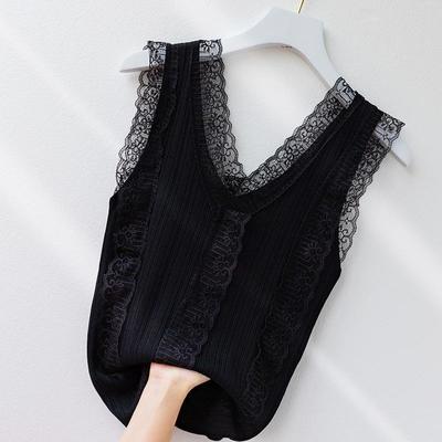 47313/v领蕾丝边吊带背心女夏季薄款外穿潮流无袖针织打底美背内搭上衣