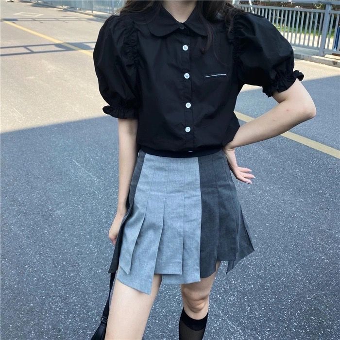 Summer new Korean version of fashion all-match foreign style small standard lace puff sleeves solid color short-sleeved chiffon shirt top women
