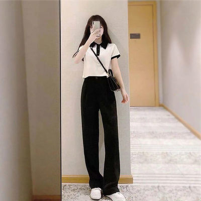 40054/气质套装女韩版高腰西裤垂坠感直筒长裤+翻领修身短款上衣两件套