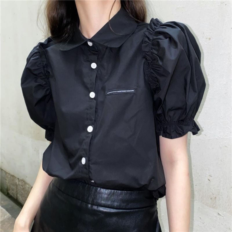 Summer new Korean version of fashion all-match foreign style small standard lace puff sleeves solid color short-sleeved chiffon shirt top women