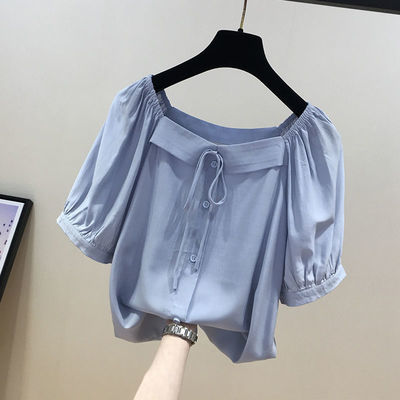 72648/大码女装胖妹妹漏锁骨一字肩衫女夏季新款高端法式减龄遮肚子小衫