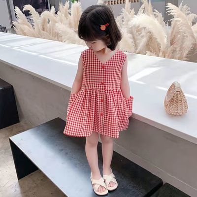 41401/女童格子背带连衣裙2021夏季新款女宝宝休闲洋气前后穿清新连衣裙