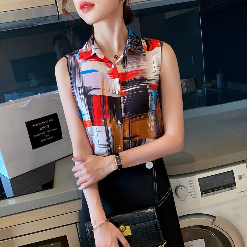 Summer sweet and gentle style chiffon shirt sleeveless women's super fairy printed clothes new light cooked shirt