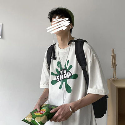 69075/100%纯棉字母印花短袖T恤男士韩版潮流宽松圆领百搭五分袖体恤衫