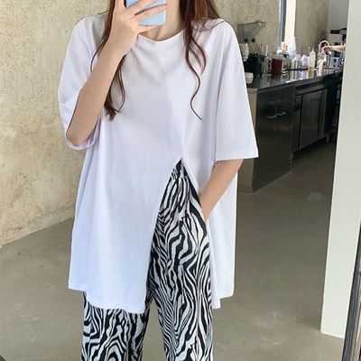 39149/夏季2021新款时尚女装短袖t恤女宽松韩版不规则开叉学生上衣女