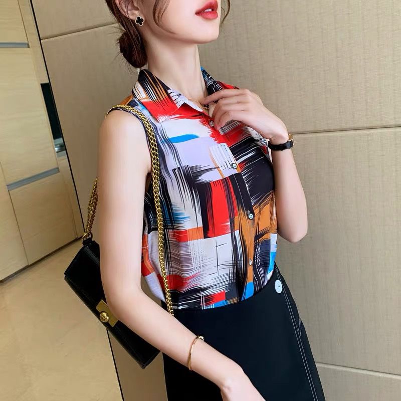 Summer sweet and gentle style chiffon shirt sleeveless women's super fairy printed clothes new light cooked shirt
