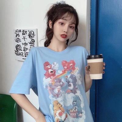 39322/2021新款短袖t恤女宽松休闲学生蓝色小熊印花上衣网红ins潮泫雅风【6月18日发完】