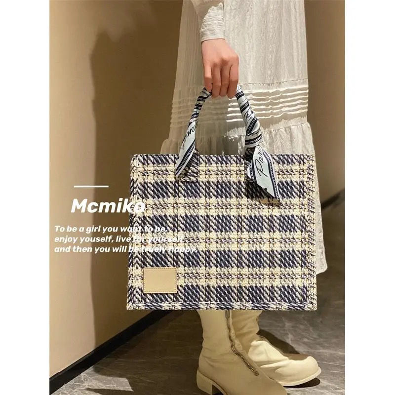 麥木可/MOMIKO 小眾質感格子條紋托特包上班通勤大容量手提包方格