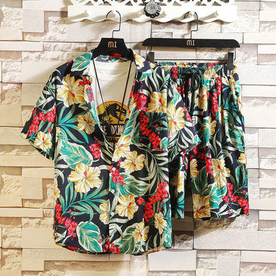 夏季套装男速干短袖花衬衫夏威夷沙滩情侣搭配两件套外穿五分裤潮