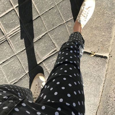 63960/2021新款女装大码胖妹妹夏秋季圆点牛仔裤高腰小脚裤开叉裤裤子潮
